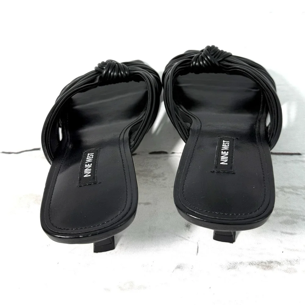 Nine West Dafidil Womens Sandals 9 M Black Leather Slip On Kitten Heels